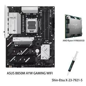 ASUS B850M AYW GAMING WIFI Motherboard & AMD Ryzen 9 9950X3D CPU Combo, AMD B850 micro-ATXmotherboard AM5, DDR5, PCle 5.0Ready, Wi-Fi 6,Realtek 2.5Gb Ethernet, HDMlrear USB 10Gbps Type-A ASUS B850M AYW GAMING WIFI Motherboard & AMD Ryzen 9 9950X3D CPU Combo, AMD B850 micro-ATXmotherboard AM5, DDR5, PCle 5.0Ready, Wi-Fi 6,Realtek 2.5Gb Ethernet, HDMlrear USB 10Gbps Type-A