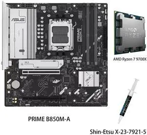 ASUS PRIME B850M-A Motherboard & AMD Ryzen7 9700X CPU Combo, AMD B850 (AM5 Socket) micro-ATX,5PCIe 5.0 Ready,three M.2 slots,Realtek 2.5Gb Ethernet,dual DisplayPort,front USB 5Gbps Type-C support ASUS PRIME B850M-A Motherboard & AMD Ryzen7 9700X CPU Combo, AMD B850 (AM5 Socket) micro-ATX,5PCIe 5.0 Ready,three M.2 slots,Realtek 2.5Gb Ethernet,dual DisplayPort,front USB 5Gbps Type-C support