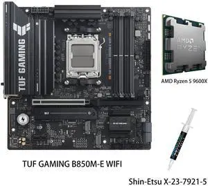 ASUS TUF GAMING B850M-E WIFI Motherboard & AMD Ryzen 5 9600X CPU Combo, AMD B850 mATX motherboard AM5, three M.2 DisplayPort, rear USB10Gbps Type-Ceport, Bl0SFlashBack, Addressable RGB Gen2 headers ASUS TUF GAMING B850M-E WIFI Motherboard & AMD Ryzen 5 9600X CPU Combo, AMD B850 mATX motherboard AM5, three M.2 DisplayPort, rear USB10Gbps Type-Ceport, Bl0SFlashBack, Addressable RGB Gen2 headers
