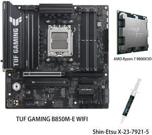 ASUS TUF GAMING B850M-E WIFI Motherboard & AMD Ryzen 7 9800X3D CPU Combo, AMD B850 mATX motherboard AM5, three M.2 DisplayPort, rear USB10Gbps Type-Ceport, Bl0SFlashBack, Addressable RGB Gen2 headers ASUS TUF GAMING B850M-E WIFI Motherboard & AMD Ryzen 7 9800X3D CPU Combo, AMD B850 mATX motherboard AM5, three M.2 DisplayPort, rear USB10Gbps Type-Ceport, Bl0SFlashBack, Addressable RGB Gen2 headers