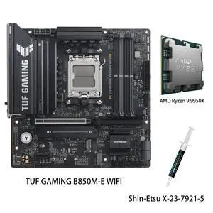 ASUS TUF GAMING B850M-E WIFI Motherboard & AMD Ryzen 9 9950X CPU Combo, AMD B850 mATX motherboard AM5, three M.2 DisplayPort, rear USB10Gbps Type-Ceport, Bl0SFlashBack, Addressable RGB Gen2 headers ASUS TUF GAMING B850M-E WIFI Motherboard & AMD Ryzen 9 9950X CPU Combo, AMD B850 mATX motherboard AM5, three M.2 DisplayPort, rear USB10Gbps Type-Ceport, Bl0SFlashBack, Addressable RGB Gen2 headers