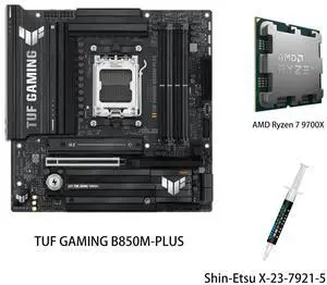 ASUS TUF GAMING B850M-PLUS Motherboard & AMD Ryzen 7 9700X CPU Combo, AMD B850 mATX motherboard,AM5 DDR5, three M.2slots, Realtek 2.5Gb Ethernet,DisplayPort, rear USB20Gbps Type-c ASUS TUF GAMING B850M-PLUS Motherboard & AMD Ryzen 7 9700X CPU Combo, AMD B850 mATX motherboard,AM5 DDR5, three M.2slots, Realtek 2.5Gb Ethernet,DisplayPort, rear USB20Gbps Type-c
