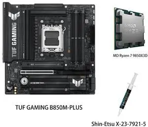 ASUS TUF GAMING B850M-PLUS Motherboard & AMD Ryzen 7 9850X3D CPU Combo, AMD B850 mATX motherboard,AM5 DDR5, three M.2slots, Realtek 2.5Gb Ethernet,DisplayPort, rear USB20Gbps Type-c ASUS TUF GAMING B850M-PLUS Motherboard & AMD Ryzen 7 9850X3D CPU Combo, AMD B850 mATX motherboard,AM5 DDR5, three M.2slots, Realtek 2.5Gb Ethernet,DisplayPort, rear USB20Gbps Type-c