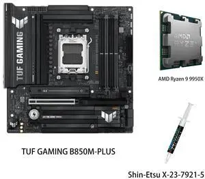 ASUS TUF GAMING B850M-PLUS Motherboard & AMD Ryzen 9 9950X CPU Combo, AMD B850 mATX motherboard,AM5 DDR5, three M.2slots, Realtek 2.5Gb Ethernet,DisplayPort, rear USB20Gbps Type-c ASUS TUF GAMING B850M-PLUS Motherboard & AMD Ryzen 9 9950X CPU Combo, AMD B850 mATX motherboard,AM5 DDR5, three M.2slots, Realtek 2.5Gb Ethernet,DisplayPort, rear USB20Gbps Type-c