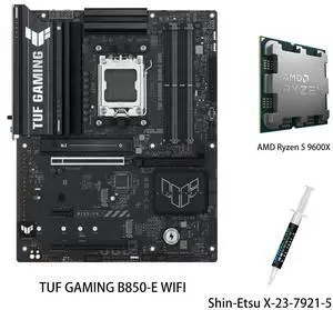 ASUS TUF GAMING B850-E WIFI Motherboard & AMD Ryzen 5 9600X CPU Combo, AMD AM5 B850 ATX motherboard, DDR5,PCIe 5.0 Ready, M.2 slots x3, Wi-Fi 6E, 2.5Gb Ethernet, USB 20Gbps Type-C,USB 10Gbps Type-C ASUS TUF GAMING B850-E WIFI Motherboard & AMD Ryzen 5 9600X CPU Combo, AMD AM5 B850 ATX motherboard, DDR5,PCIe 5.0 Ready, M.2 slots x3, Wi-Fi 6E, 2.5Gb Ethernet, USB 20Gbps Type-C,USB 10Gbps Type-C