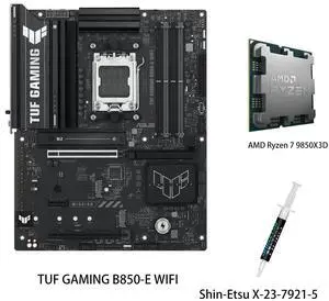 ASUS TUF GAMING B850-E WIFI Motherboard & AMD Ryzen 7 9850X3D CPU Combo, AMD AM5 B850 ATX motherboard, DDR5,PCIe 5.0 Ready, M.2 slots x3, Wi-Fi 6E, 2.5Gb Ethernet, USB 20Gbps Type-C,USB 10Gbps Type-C ASUS TUF GAMING B850-E WIFI Motherboard & AMD Ryzen 7 9850X3D CPU Combo, AMD AM5 B850 ATX motherboard, DDR5,PCIe 5.0 Ready, M.2 slots x3, Wi-Fi 6E, 2.5Gb Ethernet, USB 20Gbps Type-C,USB 10Gbps Type-C