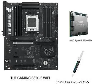 ASUS TUF GAMING B850-E WIFI Motherboard & AMD Ryzen 9 9950X3D CPU Combo, AMD AM5 B850 ATX motherboard, DDR5,PCIe 5.0 Ready, M.2 slots x3, Wi-Fi 6E, 2.5Gb Ethernet, USB 20Gbps Type-C,USB 10Gbps Type-C ASUS TUF GAMING B850-E WIFI Motherboard & AMD Ryzen 9 9950X3D CPU Combo, AMD AM5 B850 ATX motherboard, DDR5,PCIe 5.0 Ready, M.2 slots x3, Wi-Fi 6E, 2.5Gb Ethernet, USB 20Gbps Type-C,USB 10Gbps Type-C