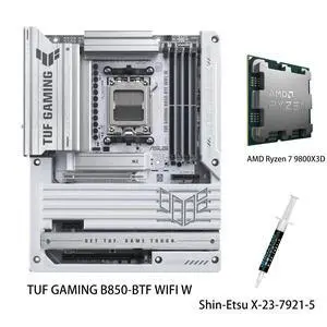 ASUS TUF GAMING B850-BTF WIFI W Motherboard & AMD Ryzen 7 9800X3D CPU Combo, AMD B850 ATX Motherboard,AM5,Hidden-Connector Design,14+2+1 80A DrMOS Power Stages,PCIe 5.0 Ready,3X M.2,Wi-Fi 7, 2.5Gb LAN ASUS TUF GAMING B850-BTF WIFI W Motherboard & AMD Ryzen 7 9800X3D CPU Combo, AMD B850 ATX Motherboard,AM5,Hidden-Connector Design,14+2+1 80A DrMOS Power Stages,PCIe 5.0 Ready,3X M.2,Wi-Fi 7, 2.5Gb LAN