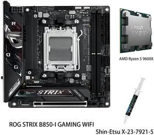 ASUS ROG Strix B850-I Gaming WiFi Motherboard & AMD Ryzen 5 9600X CPU Combo, AM5 Mini mITX 10+2+1 Stages, DDR5, 2.5G LAN, WiFi 7, 2X M.2, PCIe 5.0 x16, AI Overclocking, AI Networking II, Aura Sync ASUS ROG Strix B850-I Gaming WiFi Motherboard & AMD Ryzen 5 9600X CPU Combo, AM5 Mini mITX 10+2+1 Stages, DDR5, 2.5G LAN, WiFi 7, 2X M.2, PCIe 5.0 x16, AI Overclocking, AI Networking II, Aura Sync