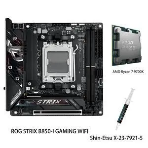 ASUS ROG Strix B850-I Gaming WiFi Motherboard & AMD Ryzen 7 9700X CPU Combo, AM5 Mini mITX 10+2+1 Stages, DDR5, 2.5G LAN, WiFi 7, 2X M.2, PCIe 5.0 x16, AI Overclocking, AI Networking II, Aura Sync ASUS ROG Strix B850-I Gaming WiFi Motherboard & AMD Ryzen 7 9700X CPU Combo, AM5 Mini mITX 10+2+1 Stages, DDR5, 2.5G LAN, WiFi 7, 2X M.2, PCIe 5.0 x16, AI Overclocking, AI Networking II, Aura Sync