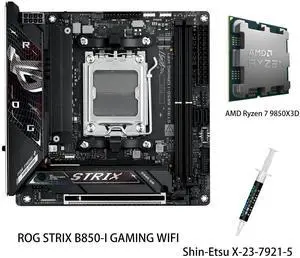 ASUS ROG Strix B850-I Gaming WiFi Motherboard & AMD Ryzen 7 9850X3D CPU Combo, AM5 Mini mITX 10+2+1 Stages, DDR5, 2.5G LAN, WiFi 7, 2X M.2, PCIe 5.0 x16, AI Overclocking, AI Networking II, Aura Sync ASUS ROG Strix B850-I Gaming WiFi Motherboard & AMD Ryzen 7 9850X3D CPU Combo, AM5 Mini mITX 10+2+1 Stages, DDR5, 2.5G LAN, WiFi 7, 2X M.2, PCIe 5.0 x16, AI Overclocking, AI Networking II, Aura Sync