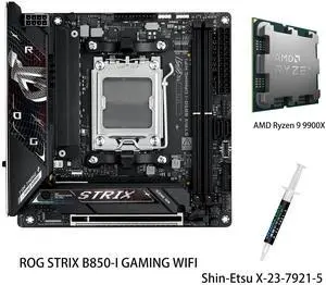 ASUS ROG Strix B850-I Gaming WiFi Motherboard & AMD Ryzen 9 9900X CPU Combo, AM5 Mini mITX 10+2+1 Stages, DDR5, 2.5G LAN, WiFi 7, 2X M.2, PCIe 5.0 x16, AI Overclocking, AI Networking II, Aura Sync ASUS ROG Strix B850-I Gaming WiFi Motherboard & AMD Ryzen 9 9900X CPU Combo, AM5 Mini mITX 10+2+1 Stages, DDR5, 2.5G LAN, WiFi 7, 2X M.2, PCIe 5.0 x16, AI Overclocking, AI Networking II, Aura Sync