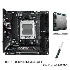 ASUS ROG Strix B850-I Gaming WiFi Motherboard & AMD Ryzen 9 9950X CPU Combo, AM5 Mini mITX 10+2+1 Stages, DDR5, 2.5G LAN, WiFi 7, 2X M.2, PCIe 5.0 x16, AI Overclocking, AI Networking II, Aura Sync ASUS ROG Strix B850-I Gaming WiFi Motherboard & AMD Ryzen 9 9950X CPU Combo, AM5 Mini mITX 10+2+1 Stages, DDR5, 2.5G LAN, WiFi 7, 2X M.2, PCIe 5.0 x16, AI Overclocking, AI Networking II, Aura Sync