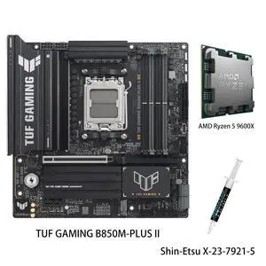 ASUS TUF GAMING B850M-PLUS II Motherboard & AMD Ryzen 5 9600X CPU Combo, AMD AM5 B850 mATX, DDR5, three M.2 slots, four SATA 6Gb/s port, one Realtek 2.5Gb Ethernet, Aura Sync ASUS TUF GAMING B850M-PLUS II Motherboard & AMD Ryzen 5 9600X CPU Combo, AMD AM5 B850 mATX, DDR5, three M.2 slots, four SATA 6Gb/s port, one Realtek 2.5Gb Ethernet, Aura Sync