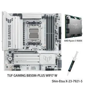 ASUS TUF GAMING B850M-PLUS WIFI7 W Motherboard & AMD Ryzen 5 9600X CPU Combo, 14+2+1 80A DrMOS power stages, DDR5, PCIe 5.0, three M.2 slots, WiFi 7, 2.5Gb Ethernet, DisplayPort ASUS TUF GAMING B850M-PLUS WIFI7 W Motherboard & AMD Ryzen 5 9600X CPU Combo, 14+2+1 80A DrMOS power stages, DDR5, PCIe 5.0, three M.2 slots, WiFi 7, 2.5Gb Ethernet, DisplayPort
