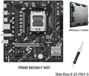 ASUS PRIME B850M-F WIFI Motherboard & AMD Ryzen 5 9600X CPU Combo, AM5 ATX, DDR5, PCle 5.0, PCle 5.0 slot, Realtek 1Gb Ethernet, front USB 5Gbps Type-C, USB BIOS FlashBack, WiFi 6E, Aura Sync ASUS PRIME B850M-F WIFI Motherboard & AMD Ryzen 5 9600X CPU Combo, AM5 ATX, DDR5, PCle 5.0, PCle 5.0 slot, Realtek 1Gb Ethernet, front USB 5Gbps Type-C, USB BIOS FlashBack, WiFi 6E, Aura Sync