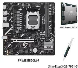 ASUS PRIME B850M-F Motherboard & AMD Ryzen 5 9600X CPU Combo, AMD B850 ATX motherboard, AM5 DDR5, PCle 5.0 Ready, two M.2 slots, Wi-Fi 6E, Realtek 1Gb Ethernet, front USB 5Gbps Type-C, AuraSync ASUS PRIME B850M-F Motherboard & AMD Ryzen 5 9600X CPU Combo, AMD B850 ATX motherboard, AM5 DDR5, PCle 5.0 Ready, two M.2 slots, Wi-Fi 6E, Realtek 1Gb Ethernet, front USB 5Gbps Type-C, AuraSync
