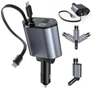 Amblive 4-in-1 Fast Car Charger with 31.5in Extension Cable  USB & Type-C Ports, 180° Adjustable Plug, Tangle-Free Mount  Compatible with iPhone 16/15/14/13/12/11 & Android Devices No Battery Included