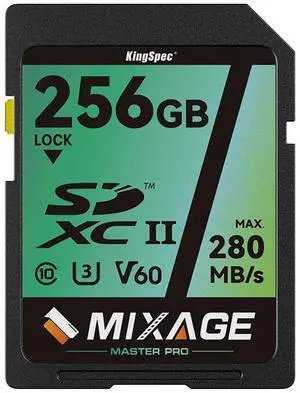 MIXAGE 256GB SD Memory Card V60 UHS-II U3 A1 Speed Up to 280MB/s C10 SDXC for 4k/8k Video 256GB