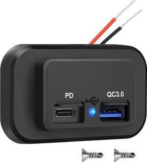 12V USB Outlet, Quick Charge 3.0 USB-A Port and USBC Port, 12V 24V Input Surface Mount RV USB Outlet, for RV Marine Motorcycle Truck Golf Cart