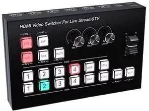 HDMl live broadcast video switcherwith 4 input and 2 output ports, one TYPE C forvideo capture and 0D display, 4 channel input for
high-definition switching.