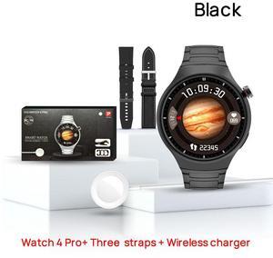 New D25 WATCH4 PR0 smartwatch with steel band and leather strap set - tracks steps, ofers high-definition calls, and suppots wireless
charging.