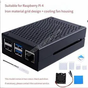 Suitable for Raspbemy Pi4 (made of iron) with grid design and cooling fan, with a casing