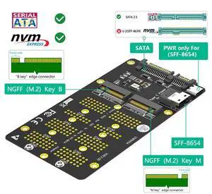 2-in-1 NVME M.2 SSD/SATA-BUS to SATA and SFF-8654 adapter expansion card