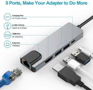 Type-C expansion dock 5-in-1 USB 3.0 HUB for notebook expansion, with gigabit network portHDMI