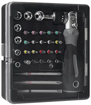 31-in-l plastic box multi-functional disassembly and repair tool set with manual multi-angle ratchet screwd river kit