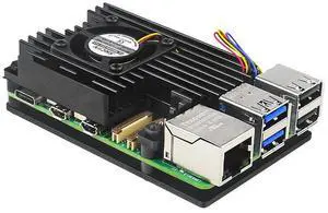 Raspberry Pi 5 board with aluminum protective case and cooling fan for heat dissipation and temperature reduction