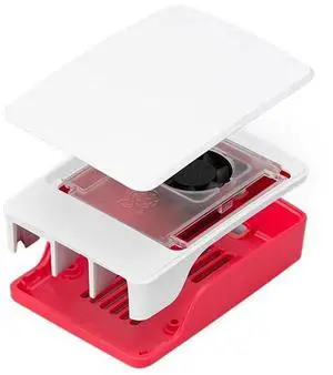 Raspberry Pi 5 official original casing with cooling fan and radiator. Pi 5 red and white casing