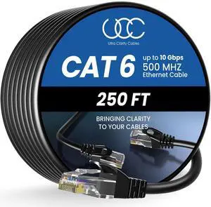 Ultra Clarity Cables Cat 6 Ethernet Cable 250 ft, Outdoor&Indoor 10Gbps Ethernet Cable, High Speed Cat6 Cable RJ45 LAN Internet Cable for Computer, Router, Modem, PS4/5, Xbox, Gaming - Black