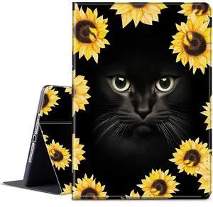 Case for All-New Fire HD 10 Tablet (7th/9th Generation,2017/2019 Release),with Adjustable Stand & Auto Wake/Sleep Feature Smart Protect Cover for Fire HD 10.1 inch - Sunflower and Black Cat