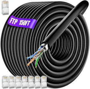 MEIPEK Cat 6 Outdoor Ethernet Cable 150ft (8 RJ45), Cat 6 Shielded Ethernet Cable Bulk, Heavy Duty 23 AWG, Direct Burial, Waterproof, UV Resistant, Internet Network Cable for Router Gaming, CCA