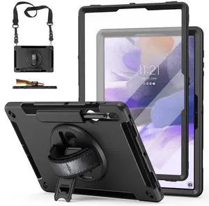 Case for Galaxy Tab S7 FE/S7 Plus/S8 Plus 12.4 INCH: TPU Protective Cover for Samsung Tablet S7 FE/S7 Plus/S8 Plus 12.4 with Screen Protector-Stand- Handle + Shoulder Strap-S-Pen Holder- Black