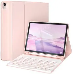 KVTVOU Keyboard Case for iPad (A16) 11th/10th Generation (11/10.9 Inch, 2025/2022) - 7 Colors Backlit Wireless Detachable Keyboard, Slim Lightweight Stand Folio Cover with Pencil Holder, Pink