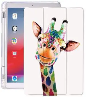 Idocolors Giraffe Pad Case Cartoon White Cases for ipad 7th/8th/9th Generation (iPad 10.2 Inch Case 2019/2020/ 2021) Shockproof with Pencil Holder Lightweight Smart Trifold Stand Case Soft TPU Cover