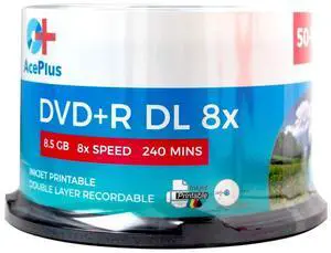 AcePlus 50-pk DVD+R Dual Layer White Inkjet Hub-Printable Discs with 8X Recording Speed and 8.5 GBS of Storage in Cakebox Spindle