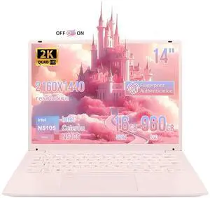 BINHENGLON 14.1 Inch Portable Laptop,Celeron N5105 Processor,16GB,(2160 x 1440) IPS,Fingerprint Unlock,Win 11,Backlit keyboard, Push-pull camera,Type-C,USB3.0*3,HDMI*1,WiFi /BT 5.0(Pink,16G+960GB SSD)