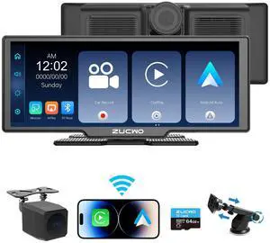 10.26 Inch Wireless CarPlay Screen for Car, Apple CarPlay & Android Auto Touch screen Car Stereo with 4K Dash Cam, Rear camera, Bluetooth, Mirror Link, GPS Navigation, FM, Voice Control for Vehicles
