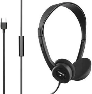 Maxell HP101 Type-C Lightweight Headphones, Built-in Microphone, Adjustable Headband, 6 Foot Cord, 197236, Black