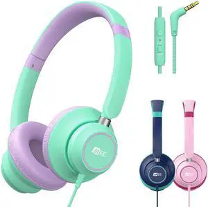 MEE audio KidJamz KJ45 Childrens Safe Listening Headphones with Volume Limiter & Microphone, Adjustable On-Ear Kids Headset Wired w/3.5mm Jack for Online Learning/School/Travel/Tablet (Mint/Lavender)
