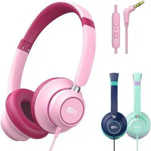 MEE audio KidJamz KJ45 Childrens Safe Listening Headphones with Volume Limiter & Microphone, Adjustable On-Ear Kids Headset Wired w/ 3.5mm Jack for Online Learning/School/Travel/Tablet (Pink/Magenta)