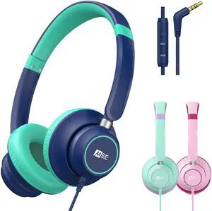 MEE audio KidJamz KJ45 Childrens Safe Listening Headphones with Volume Limiter & Microphone, Adjustable On-Ear Kids Headset Wired with 3.5mm Jack for Online Learning/School/Travel/Tablet (Blue/Teal)