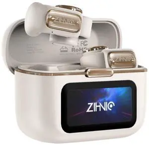 ZIHNIC Clip on Earbuds Open Ear Wireless Bluetooth 5.4 Headphones with Mic,Noise Cancelling,Waterproof, Smart LED Touch Screen,Comfortable Glasses Wearers,Workouts -Beige