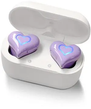 Heart Shaped Earbuds, Cute Stylish HiFi Stereo Bluetooth Headphones with Charging Case and Color Gradient Light, Noise Canceling Cordless Earphone, Gifts for Girls (Violet)