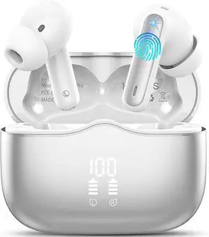 Wireless Earbud, Bluetooth 5.3 Headphones Deep Bass with 4 HD Mics, Wireless Headphones in Ear 40H Playtime, Bluetooth Earphones with Light Weight, IP7 Waterproof Ear Buds for Android IOS, Silver