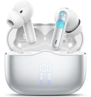 Wireless Earbuds, Bluetooth 5.4 Headphones in Ear with 4 ENC Noise Cancelling Mic, New Wireless Earphones HiFi Stereo Deep Bass 40H Playtime, In-Ear Bluetooth Earbuds LED Display IP7, USB-C, Silver