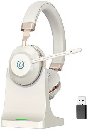 Wireless Headset with Mic for Work, Bluetooth Headphones with Mic Mute & USB Dongle, V5.2 Bluetooth Headset with Microphone Noise Canceling & Charging Base, 45Hrs for Meetings/Office/Call Center/Teams